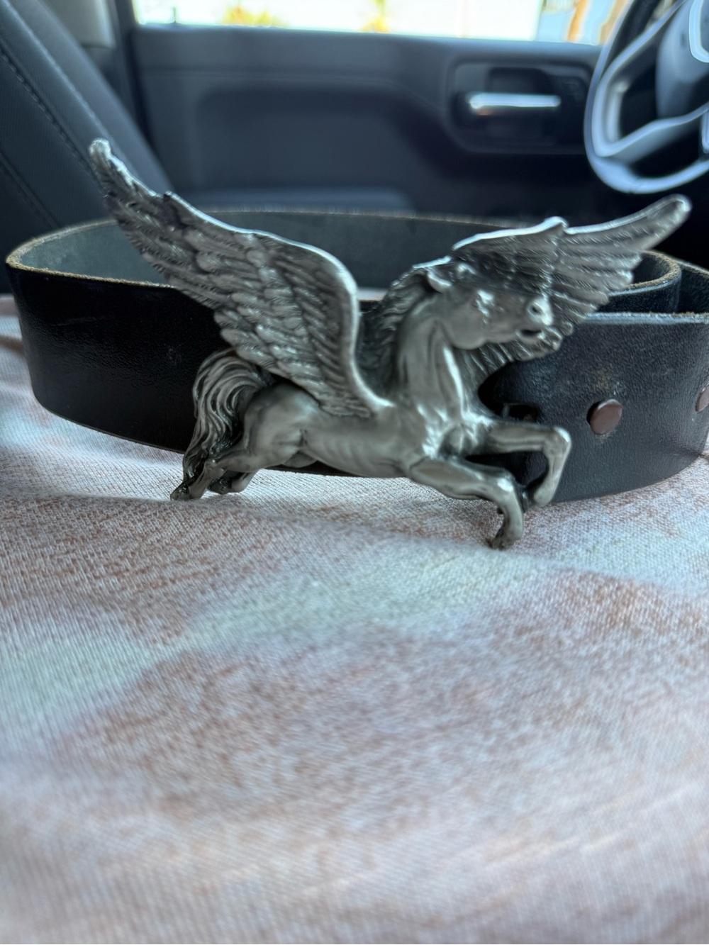 Black Leather Belt with Silver Pegasus Buckle - Unbranded